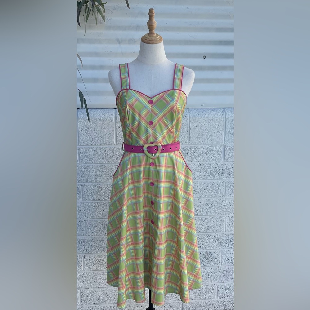 💖Voodoo Vixen Vintage Plaid Dress Heart Belt Green Pink Size M - Picture 6 of 12